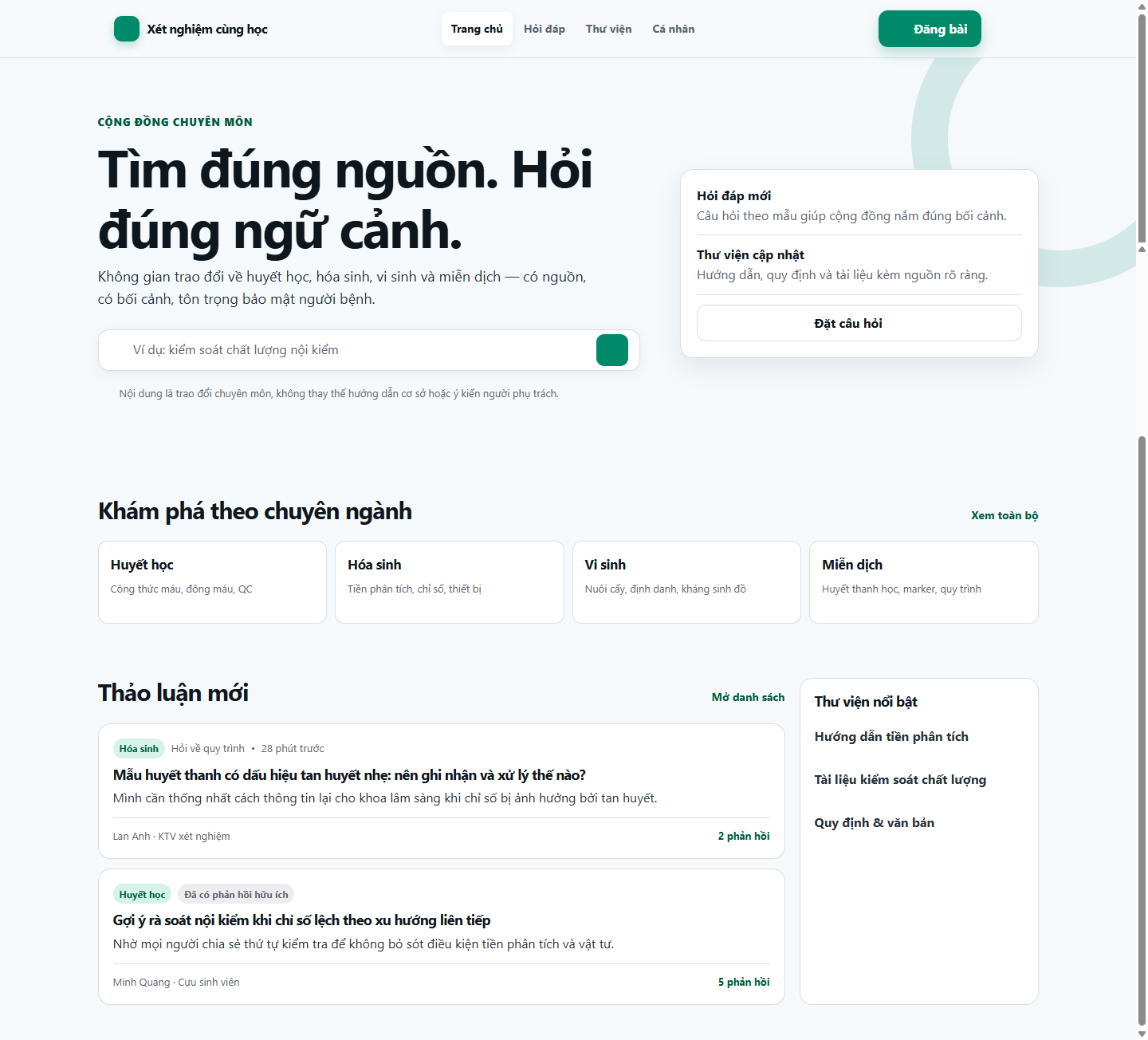 Chụp màn hình trang chủ của diễn đàn xét nghiệm y học